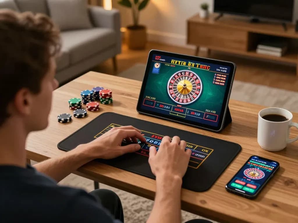 Engaging player at home risking on casino senza licenza aams with tablet during online roulette game