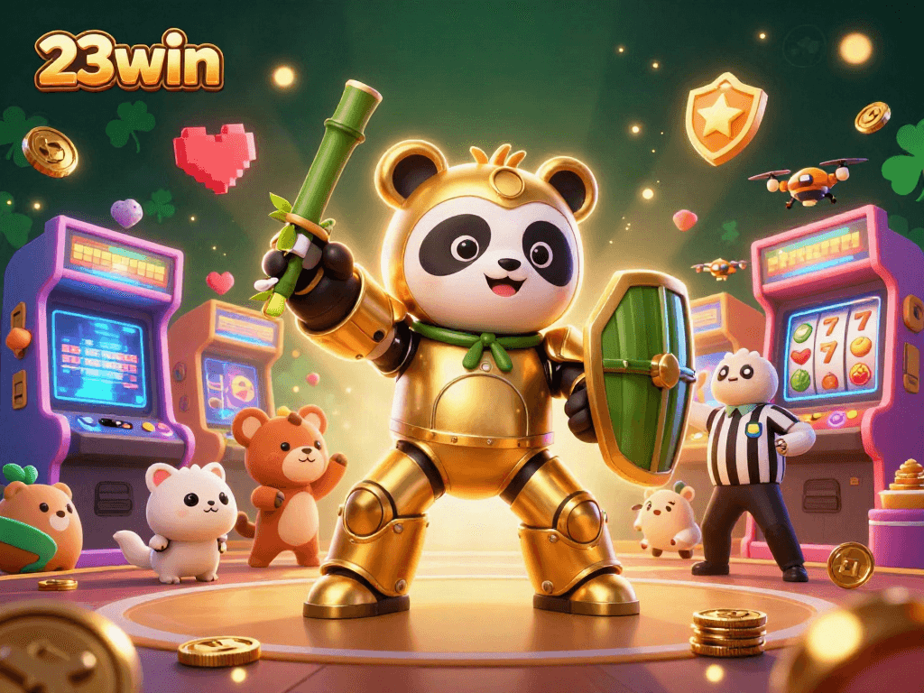 Engage with thrilling slot action at 23win featuring a vibrant and playful mech-suit panda.