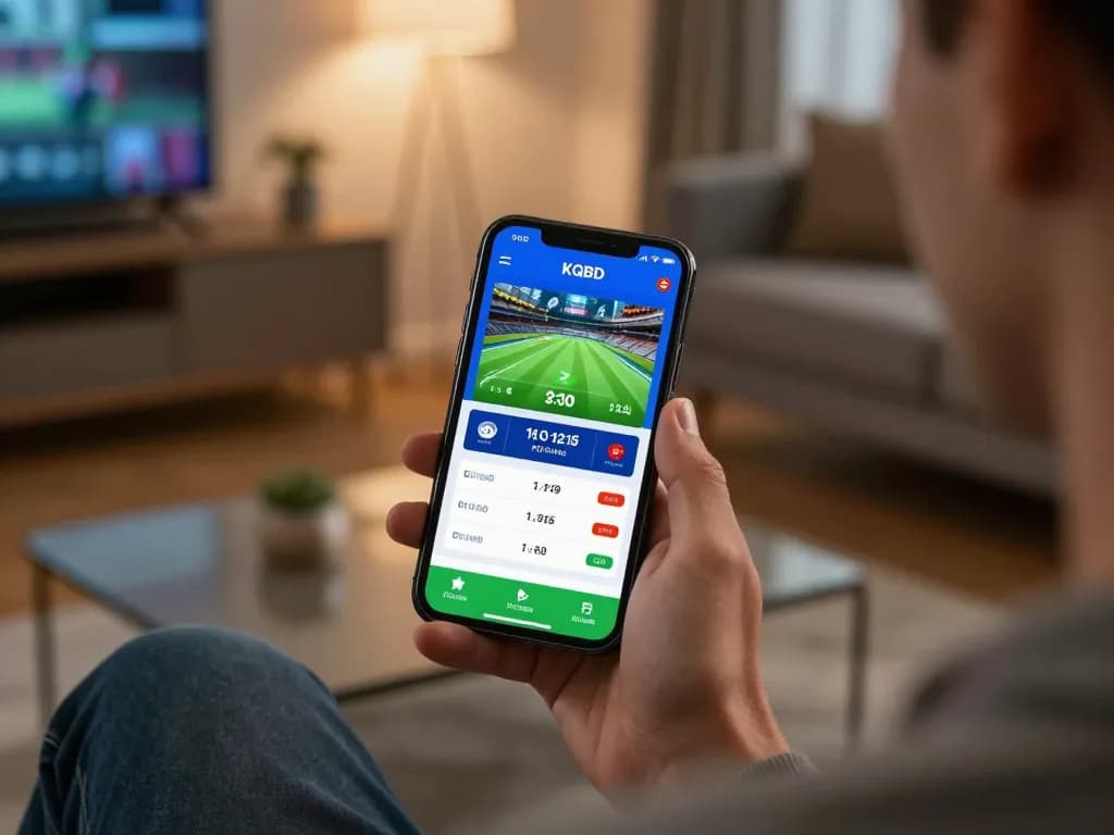 KQBD app showing live scores for sports betting on a smartphone in a modern home.