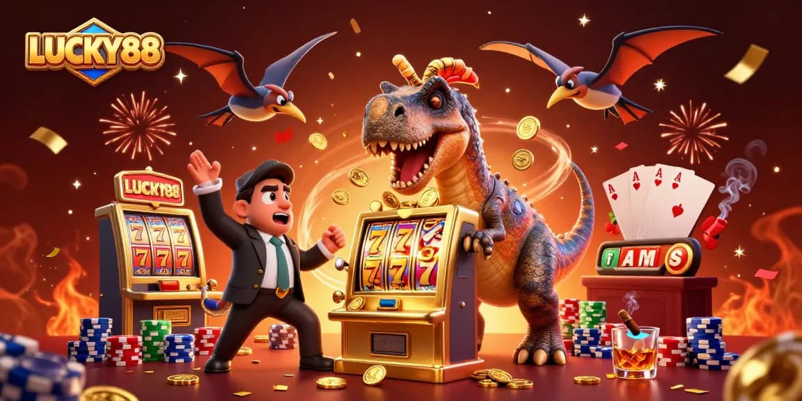 Experience LUCKY88 excitement as a cartoon dinosaur heads for jackpot coins in a casino