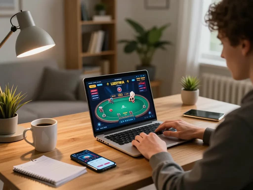 Person playing poker on Luckywin app in cozy home setup, focused on strategic gameplay.