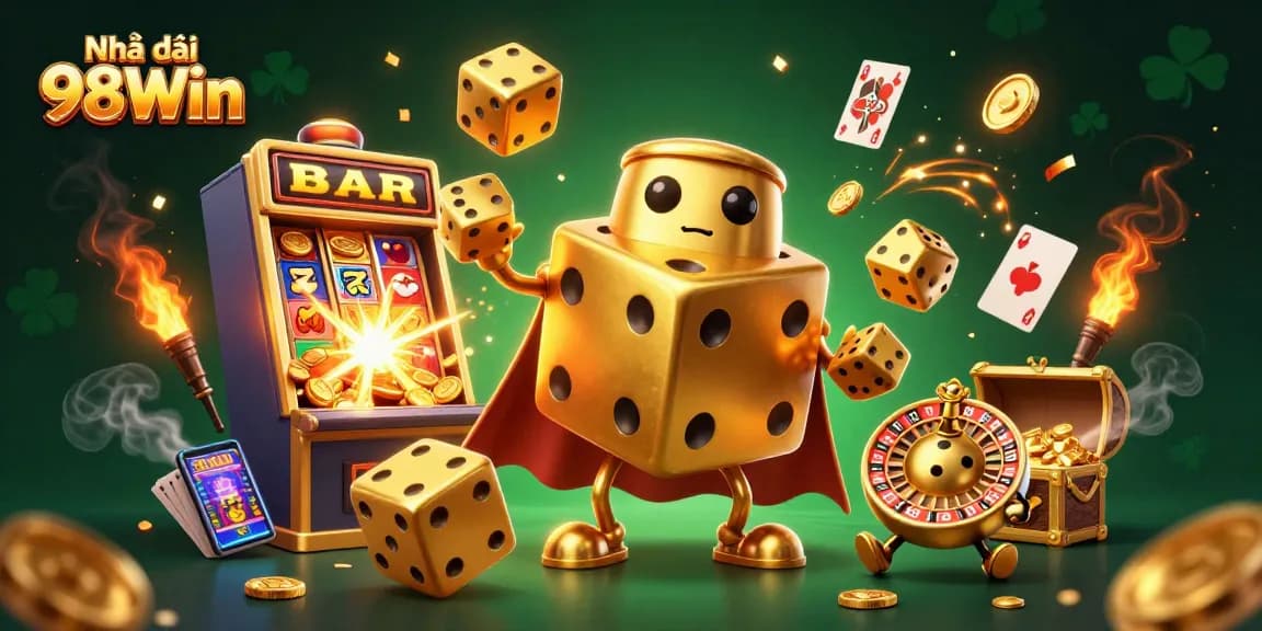 Experience thrilling gaming with Nhà cái 98Win, featuring dynamic casino elements and golden symbols.