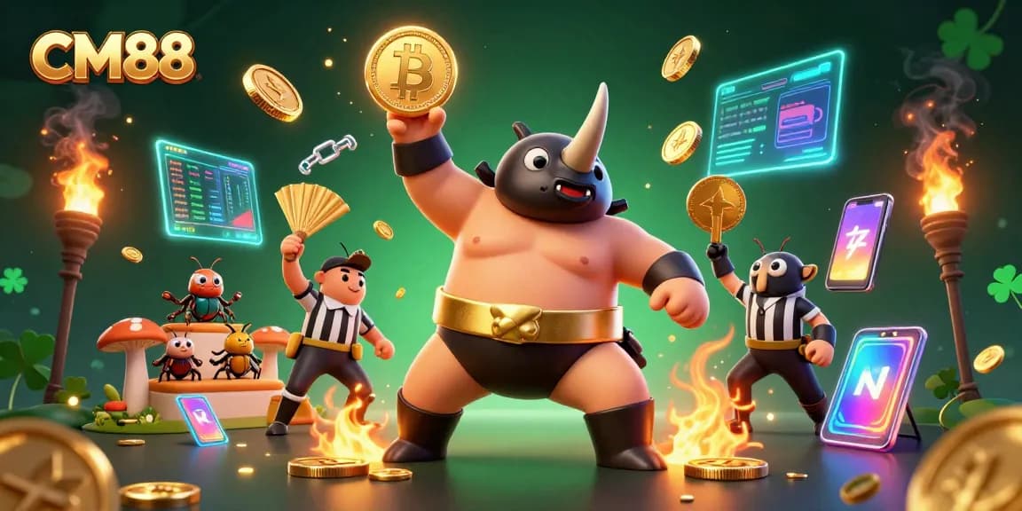 CM88 presents an engaging scene with a sumo beetle champion soaring coins in a vibrant casino environment.