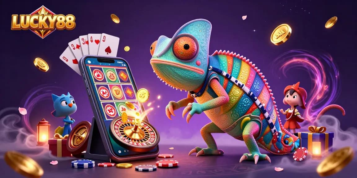 Experience thrilling gameplay with LUCKY88 in this vibrant casino scene with a chameleon owner and exciting games.