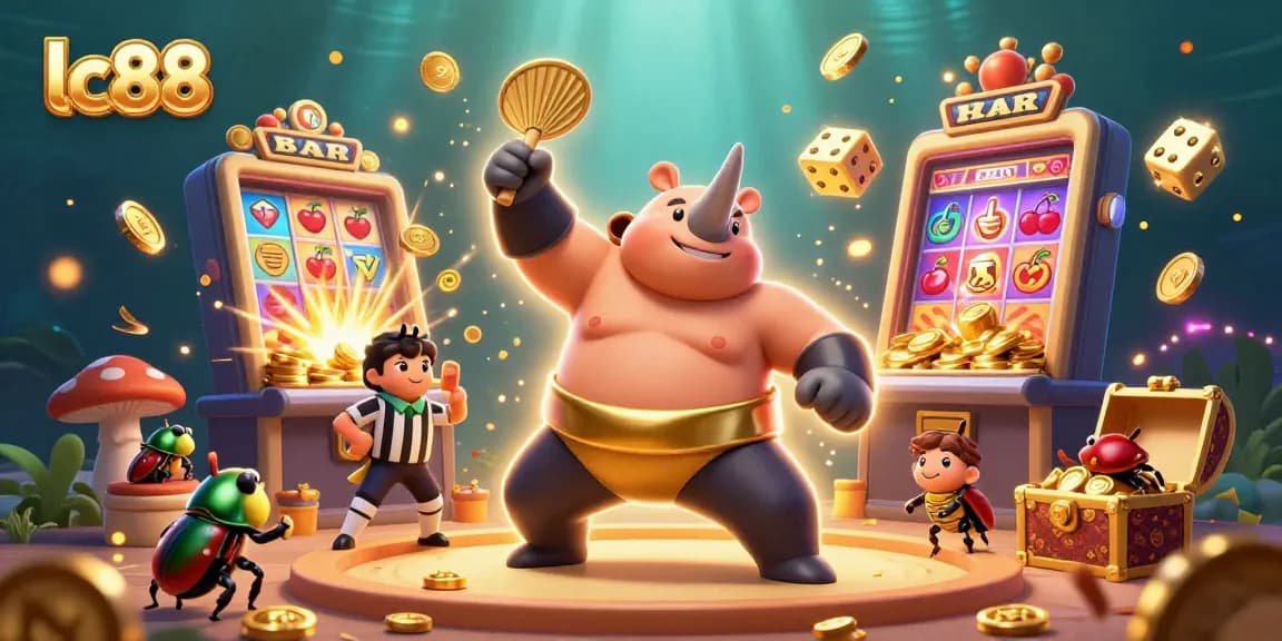 lc88 engaging illustration featuring a rhinoceros beetle champion dominating the casino scene with coins flying