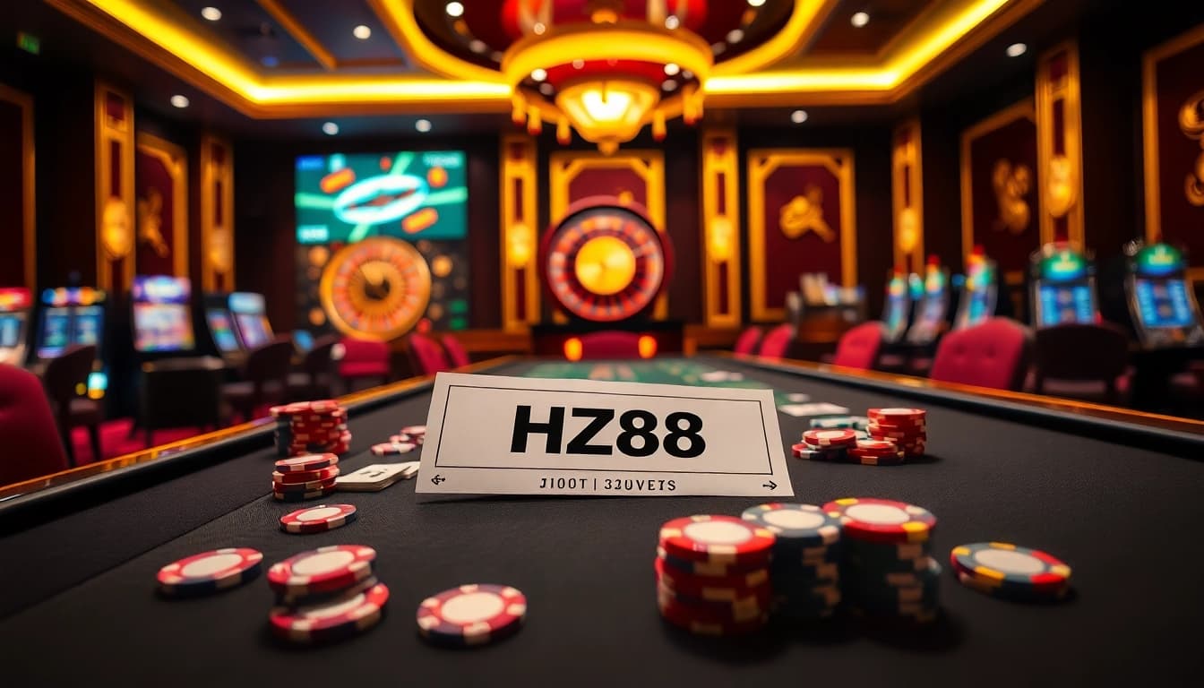 Experience the luxury of HZ88 casino gaming with thrilling poker and roulette scenes.