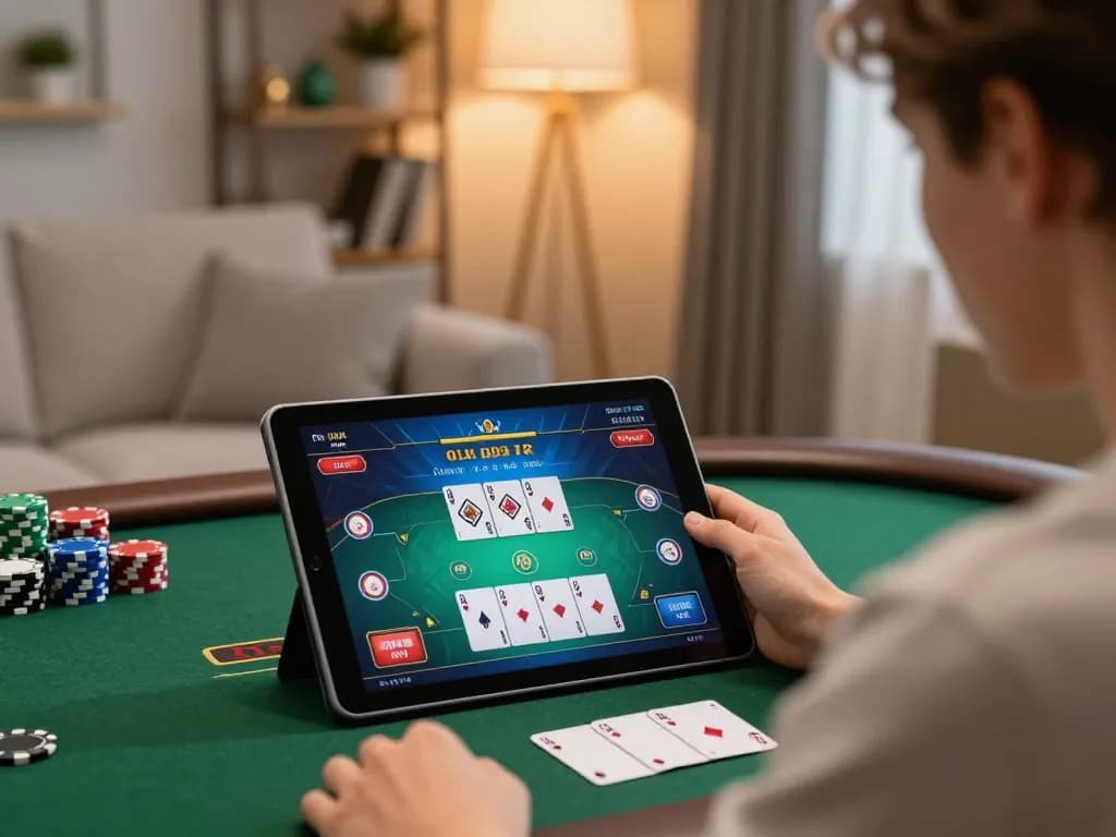 Person playing lc88 online poker on a tablet in a cozy living room setting with warm lighting.
