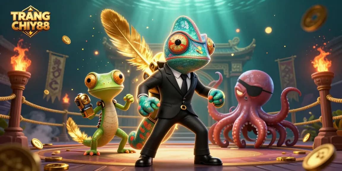 Engaging TRANG CHỦ UY88 illustration featuring a secret agent chameleon and companions in a vibrant casino scene.