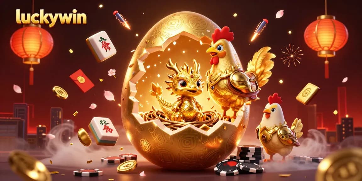Experience thrilling wins at Luckywin with this vibrant 3D illustration depicting a golden dragon and casino elements.