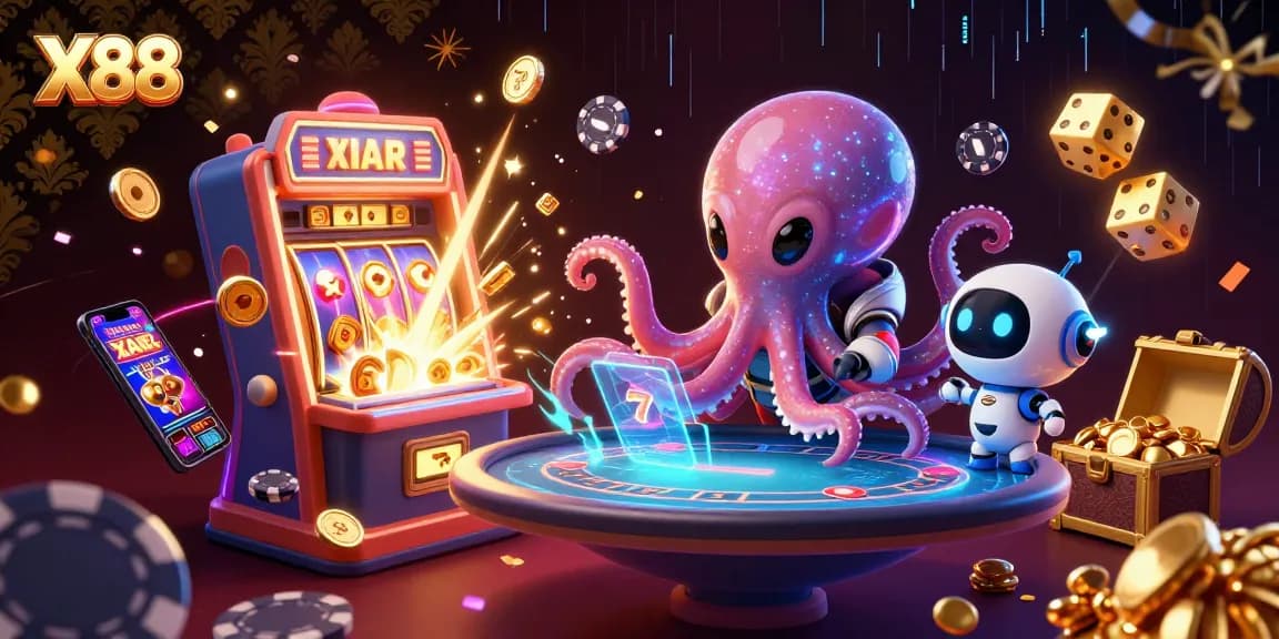 X88 invites players to experience thrilling intergalactic poker with an octopus and robot in vibrant casino chaos.