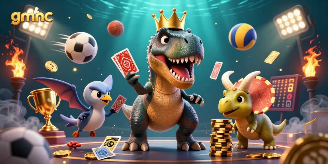 Join "gmnc" for an exciting game scene featuring cartoon dinosaurs and thrilling gambling elements.