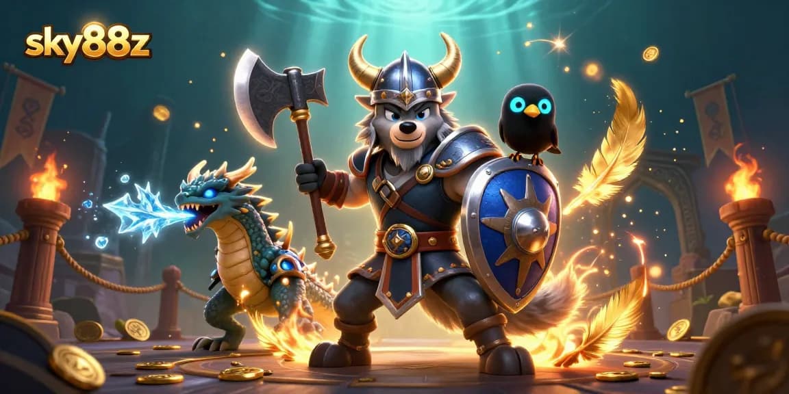 Engage in the thrilling world of sky88z with Viking warriors, ice dragons, and vibrant casino elements.