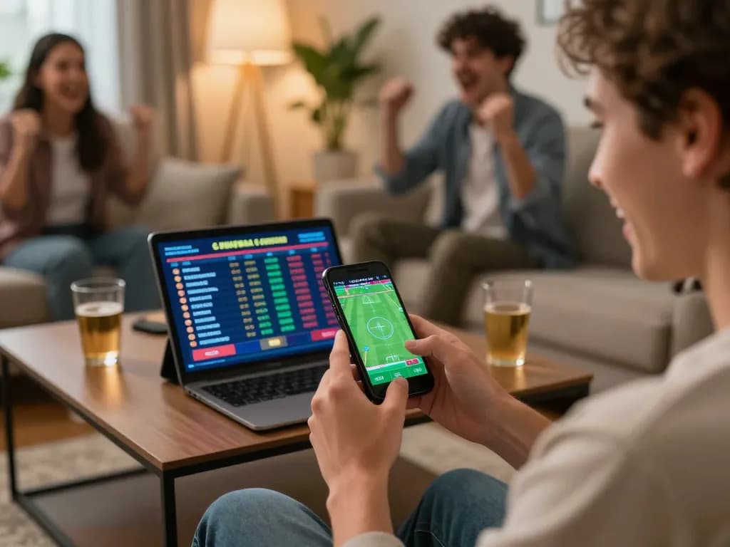 Engaging online sports betting moment on bgd33online, with a smartphone highlighting live betting action in a cozy home setting.