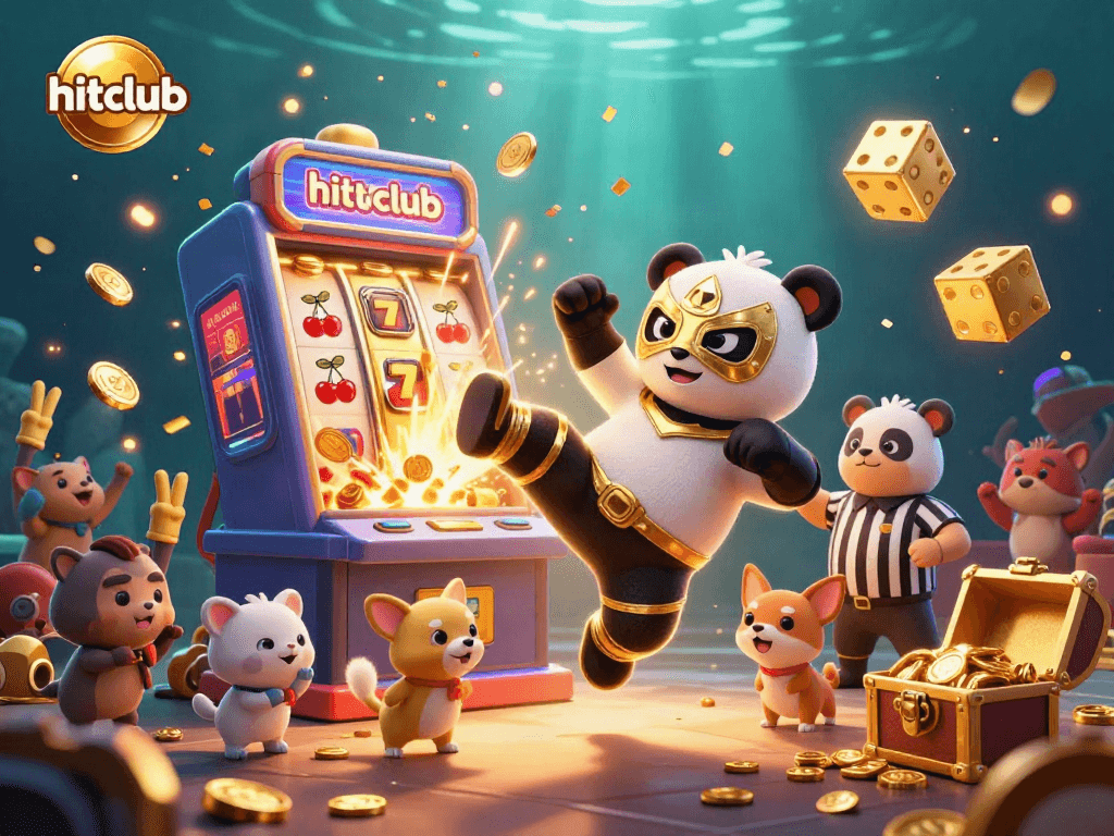 Experience thrilling gameplay with hitclub as the panda wrestler kicks amidst slot symbols and cheering animals.