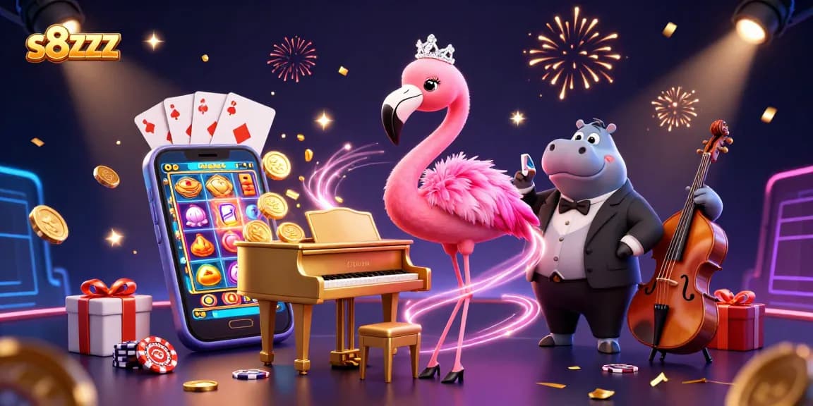 Experience the vibrant atmosphere of S8zzz with a lively casino scene featuring engaging characters, slot games, and festive elements.