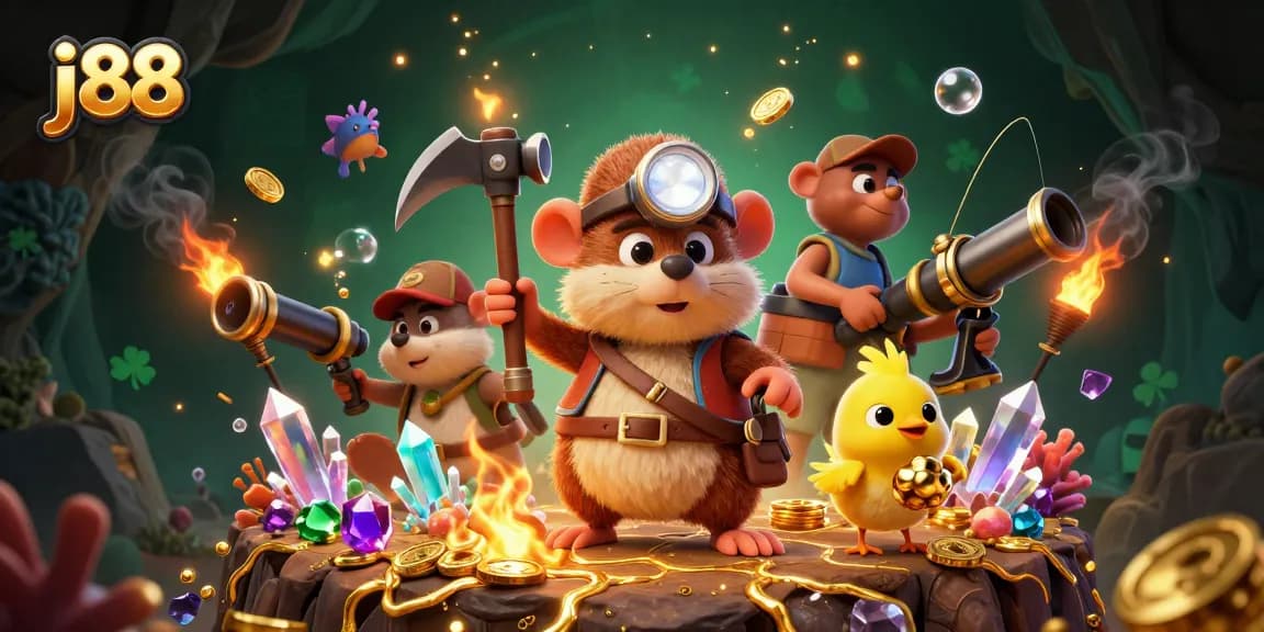 A dynamic scene of j88 showing a treasure hunter mole and his canary in a vibrant underwater treasure shoot game.