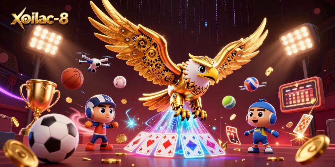 Xoilac-8 showcases a dynamic scene of a cybernetic golden eagle soaring through a cascade of holographic playing cards, emphasizing thrilling sports betting action.