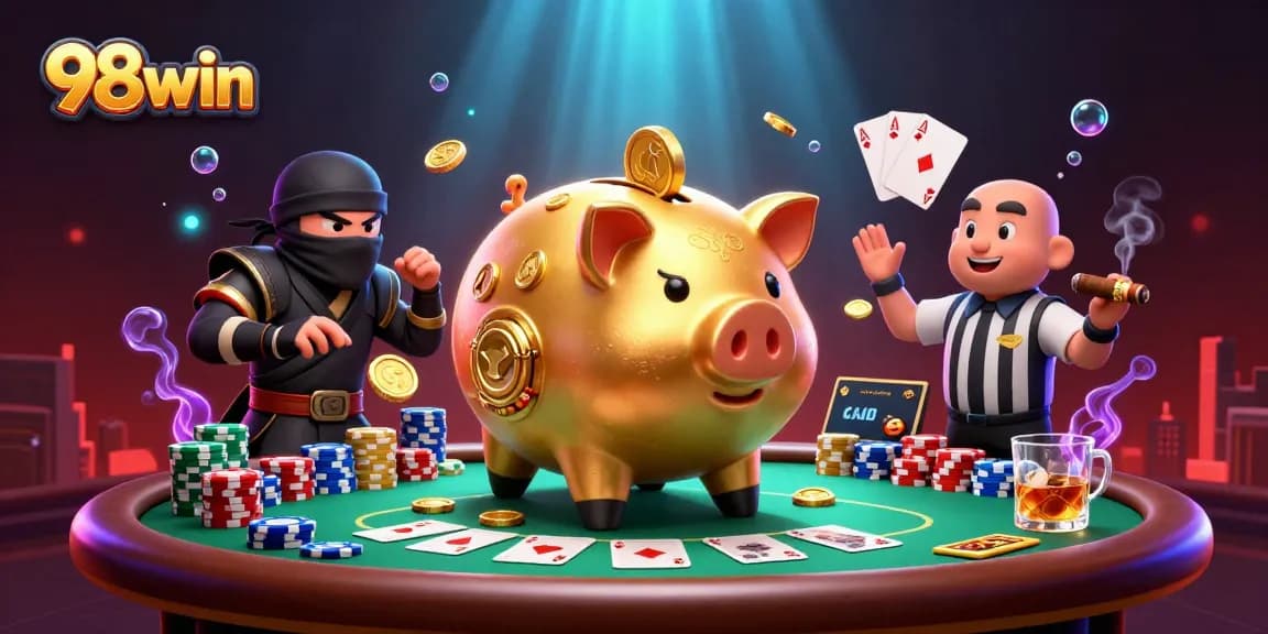 Join the excitement with 98win as the sumo piggy bank clashes in a dynamic casino showdown.