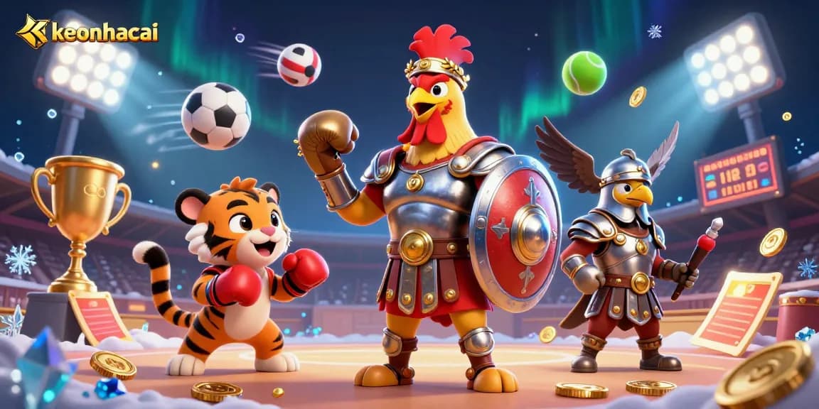 Experience thrilling sports action with keonhacai's dynamic betting scene featuring a gladiator rooster and fun elements.