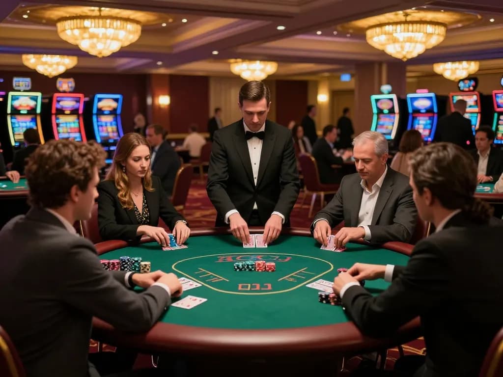 Các người chơi Sun Win đang chiến lược tại một bàn poker cược cao trong một sòng bạc cao cấp.
