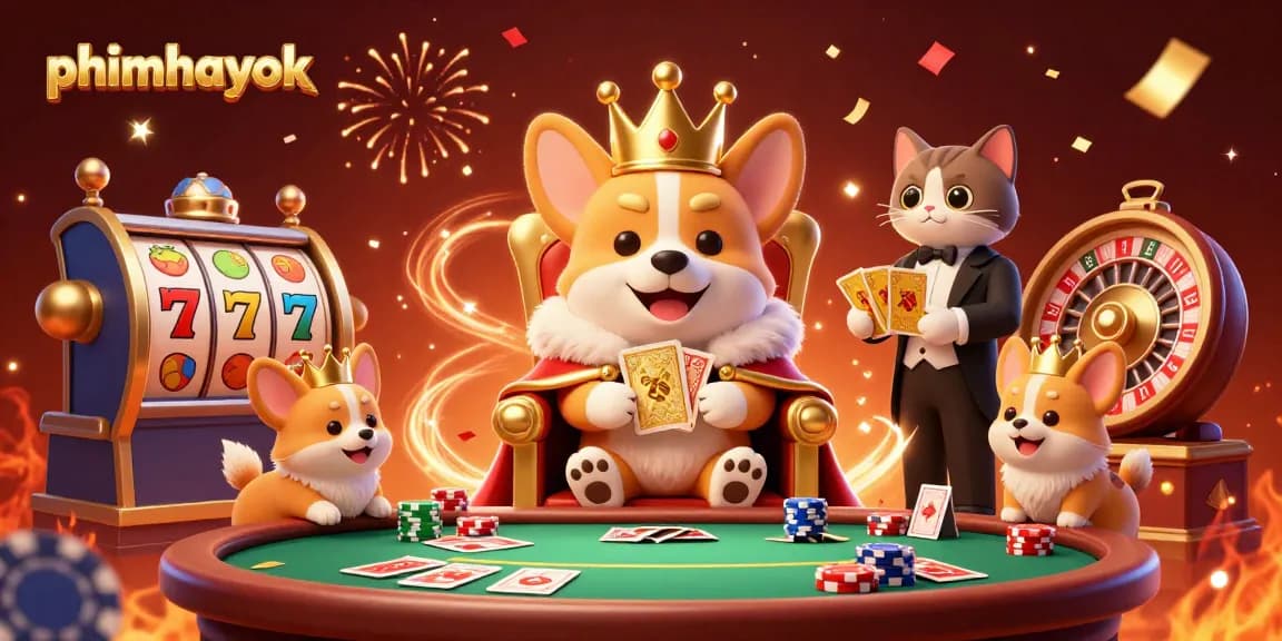 Join the thrilling action of phimhayok with lively corgis and dynamic casino elements in a vibrant scene.