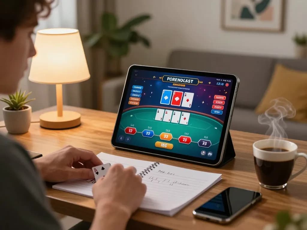 Agen Casino Online player enjoying live poker game on tablet, cozy home setup illustrating strategic gameplay.