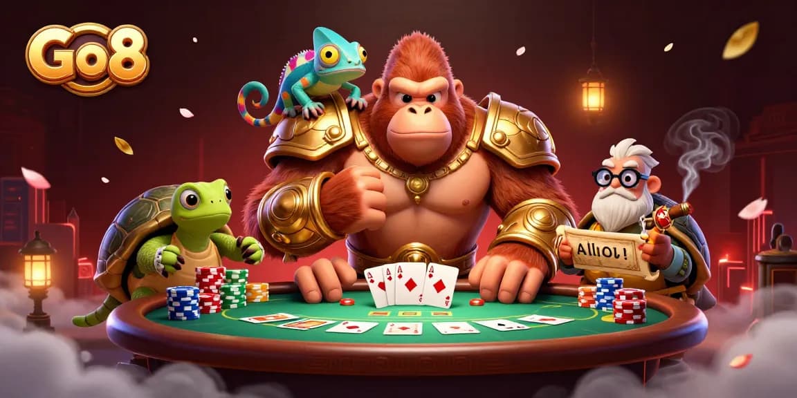 Go8 casino excitement with vibrant characters and poker action in a dynamic 3D illustration.