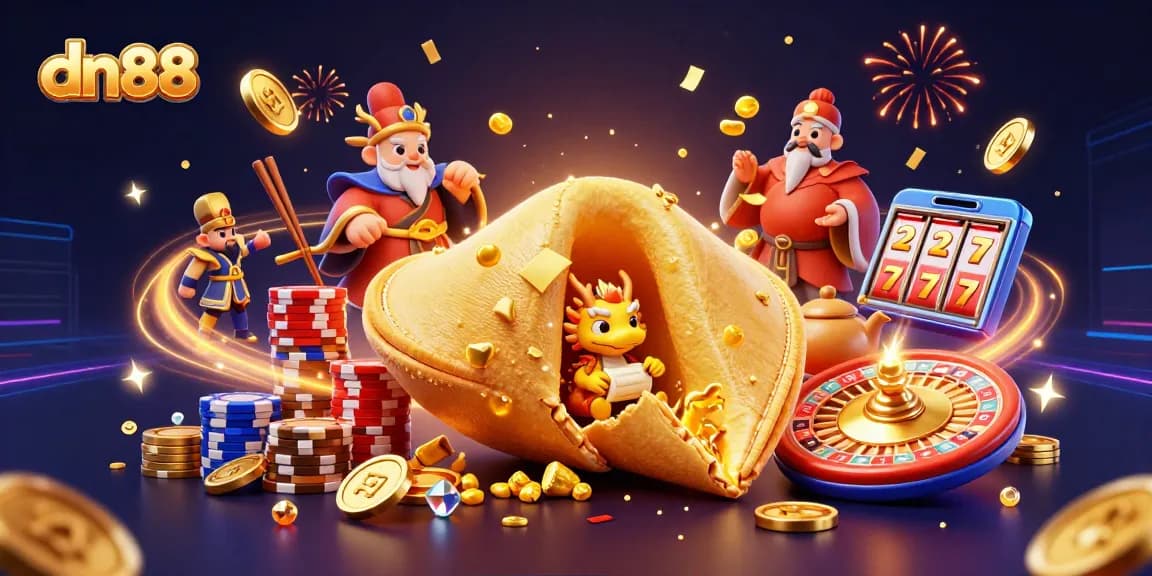 Experience thrilling gaming at dn88 with a vibrant scene of a golden fortune cookie and animated gaming elements.