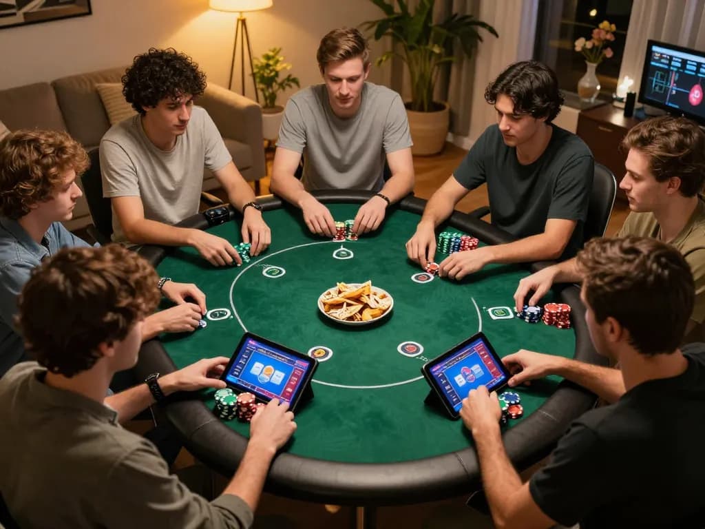 Engaged players strategizing in an online poker game at home with GO8 interface visible.