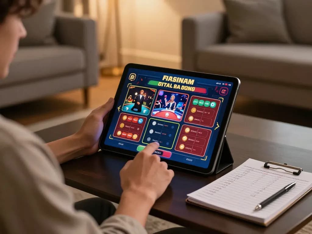 Player engaging with a casino app on tablet, showcasing nhà cái uy tín OK8386 for immersive gaming experience.