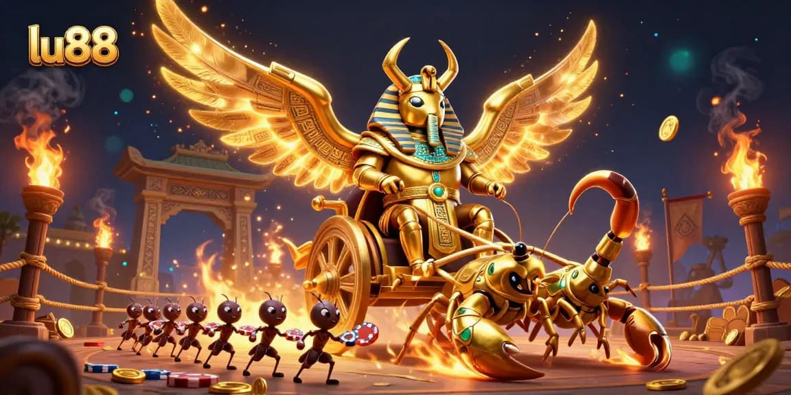 Enhance your gaming experience with lu88, featuring vibrant 3D illustration of a colossal golden beetle and scorpions.