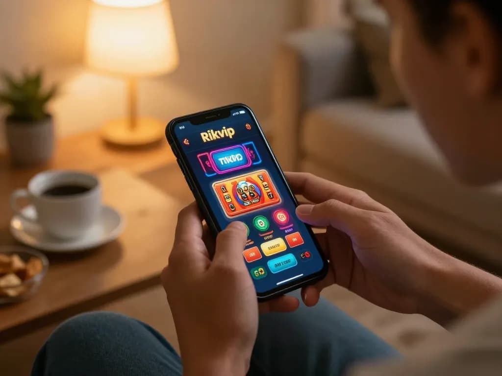 Engaging in mobile gaming on the rikvip app, showcasing vibrant casino graphics and a cozy atmosphere.