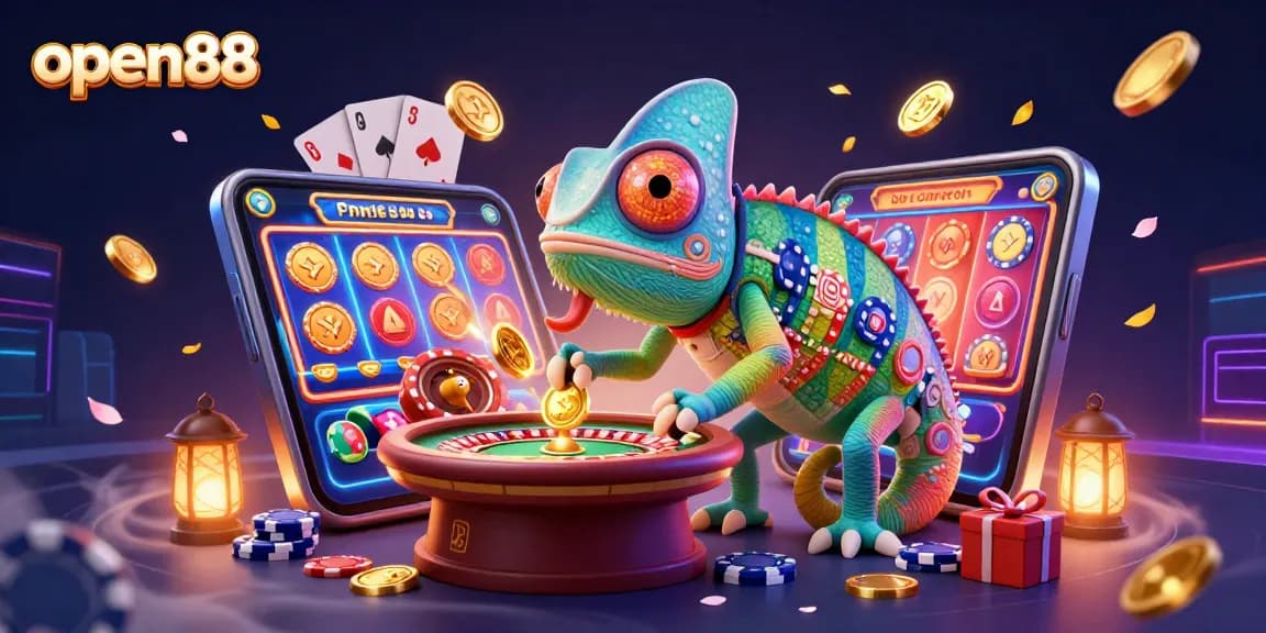 Engage with thrilling gameplay at open88, where a vibrant chameleon owner oversees a colorful casino universe.