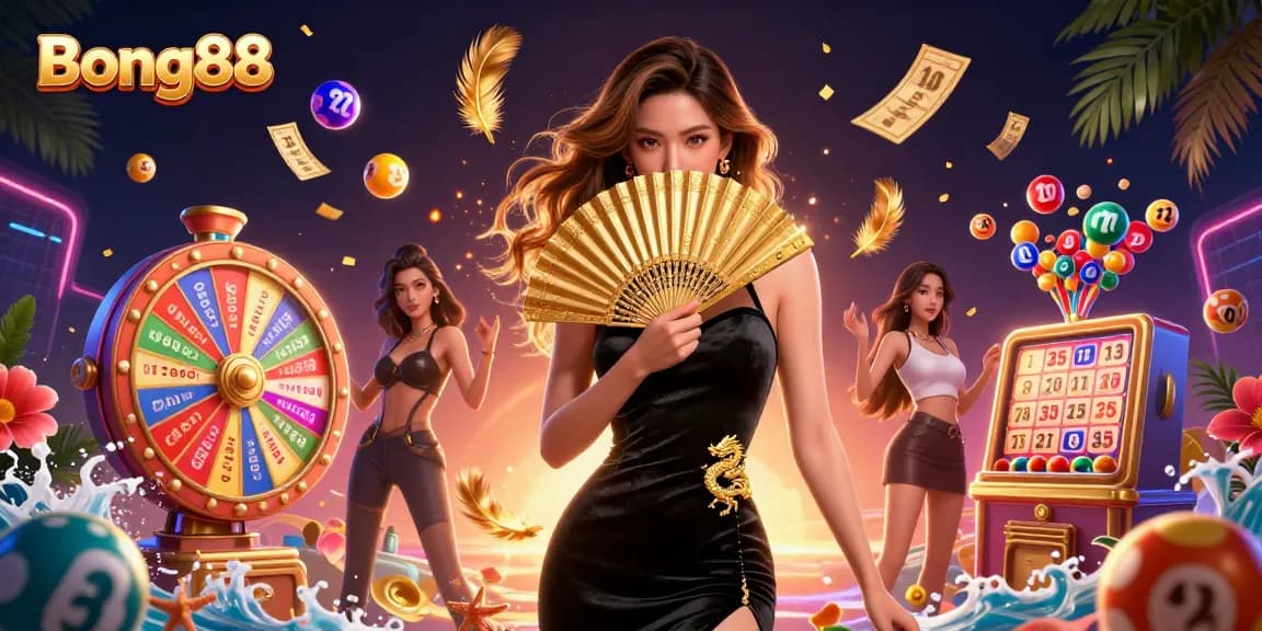 Bong88 showcases a stunning casino atmosphere, highlighting dynamic game elements and a captivating Asian woman.