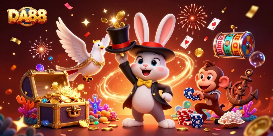 Spin the reels in style with DA88, showcasing magical casino excitement and vibrant characters.