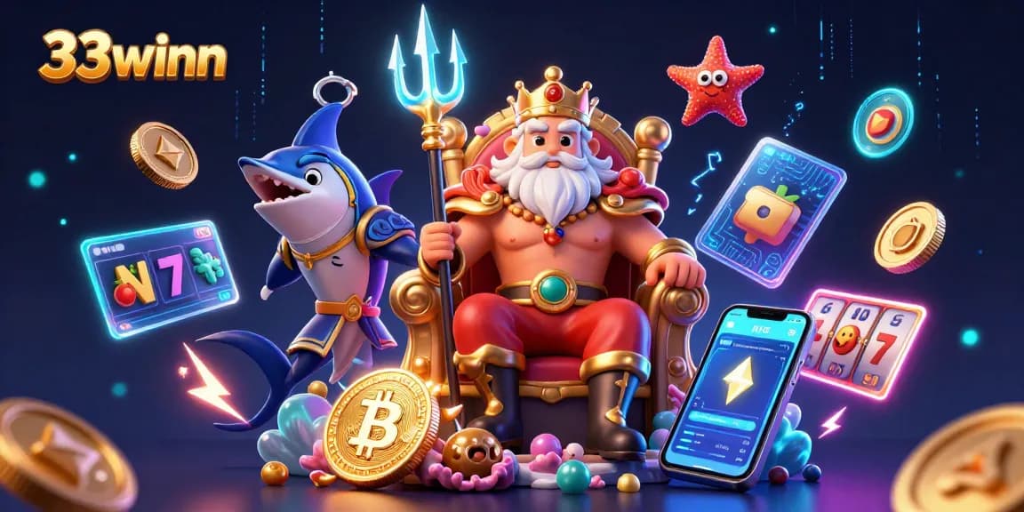 Engage with 33winn's vibrant 3D illustration featuring Neptune amidst slot reels and cryptocurrency elements.