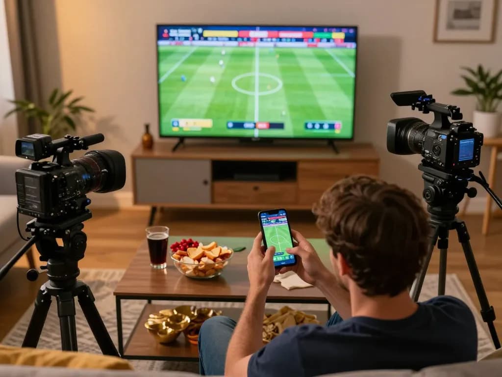 Engaging in tỷ số trực tuyến 7m while placing bets during an exciting football match on TV at home.