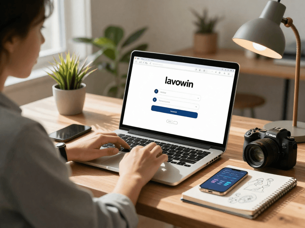 User accessing lavowin login on a sleek laptop in a cozy home office environment.