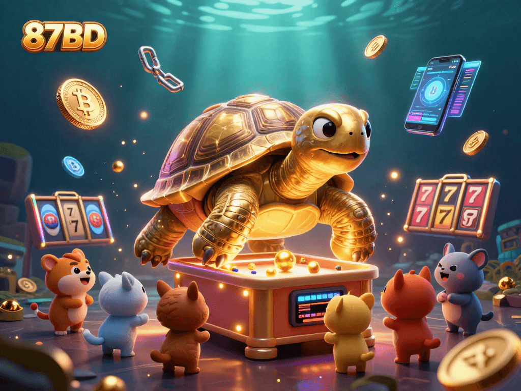 Experience exciting gameplay at 87BD with a vibrant casino scene showcasing crypto coins and dynamic slot machines.
