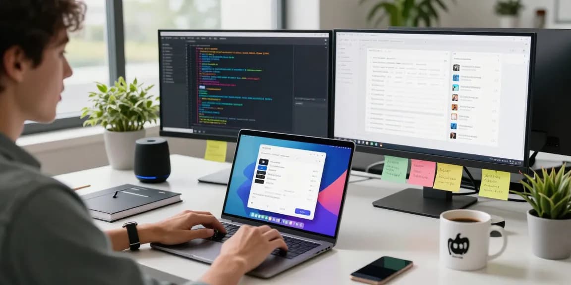 使用迅果管理Apple ID的办公环境，展示高效且现代化的工作氛围。