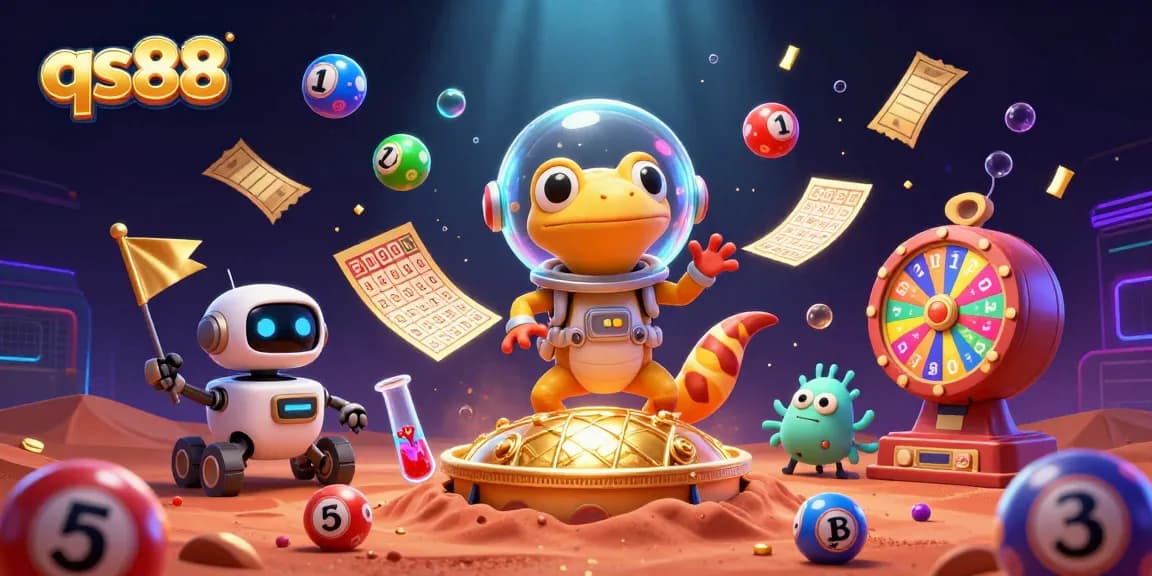 qs88 engages in thrilling casino adventure with a Martian gecko and vibrant games and elements.
