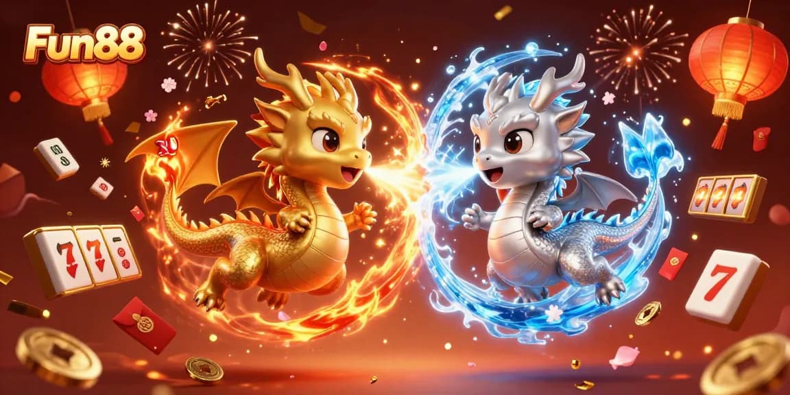 Engage in thrilling games with Fun88's vibrant 3D dragons and festive casino elements.