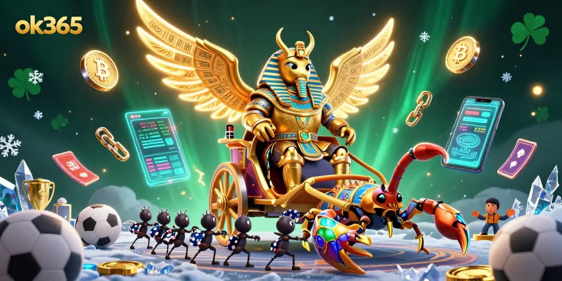 Experience thrilling sports betting with ok365's dynamic casino scene featuring golden beetles, trophies, and crypto elements