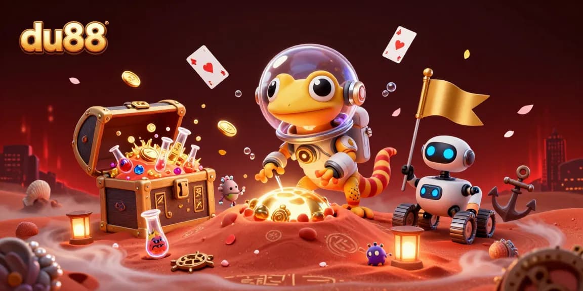 Experience du88's 3D casino adventure where Martian gecko uncovers gold in a vibrant alien scene.