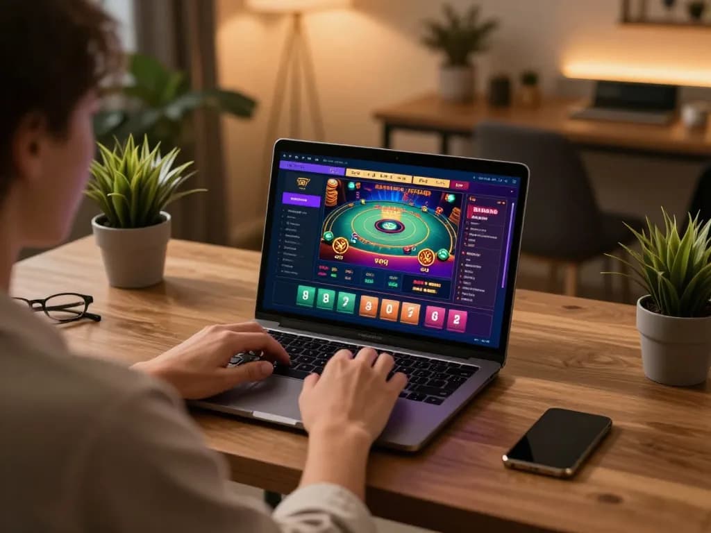 Engaging home gaming scene showcasing link vào vmax on the laptop screen while focusing on responsible gambling.