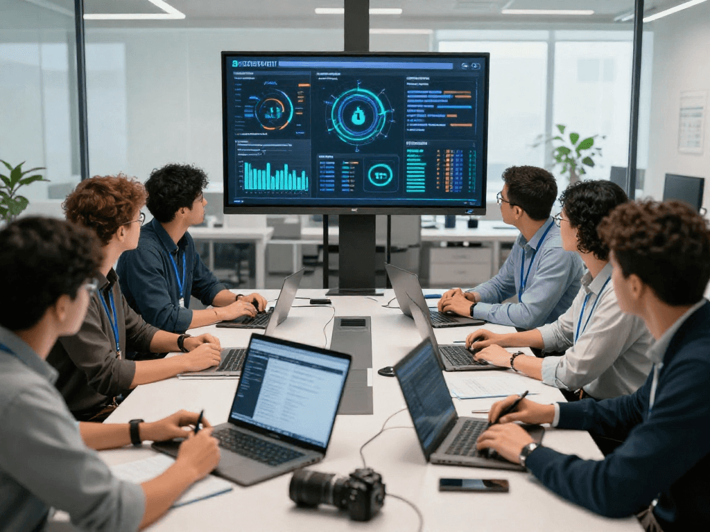 IT-Sicherheit Frankfurt: Engagiertes IT-Sicherheitsteam bespricht Strategien in modernem Büro.