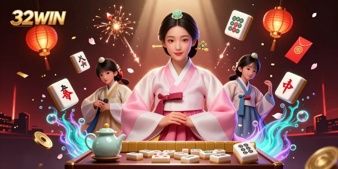 Experience the thrilling world of 32WIN with vibrant decorations, majestic mahjong tiles, and festive elements.