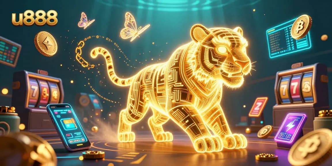 Engage in thrilling gameplay at u888 casino with a neon-wireframe golden tiger and shining digital coins.