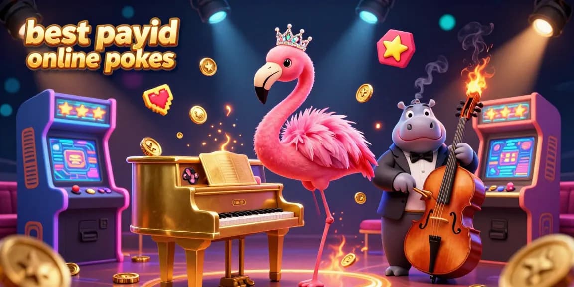 Experience the excitement of the best payid online pokies with animated flamingo and hippo musicians in a vibrant casino setting.