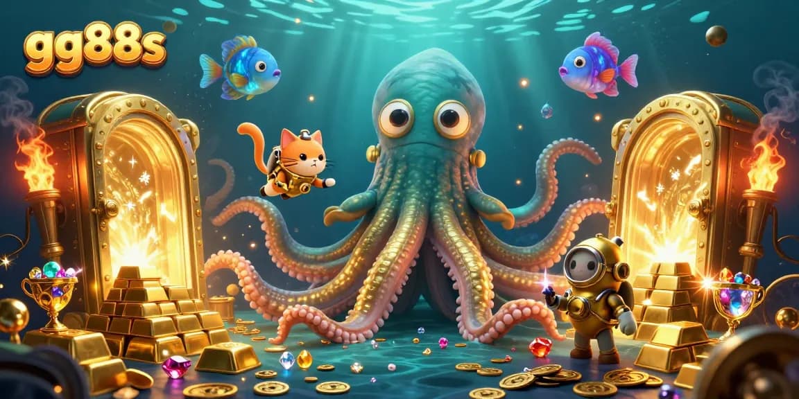 Engage with gg88s at this vibrant casino scene featuring a kraken and treasure.